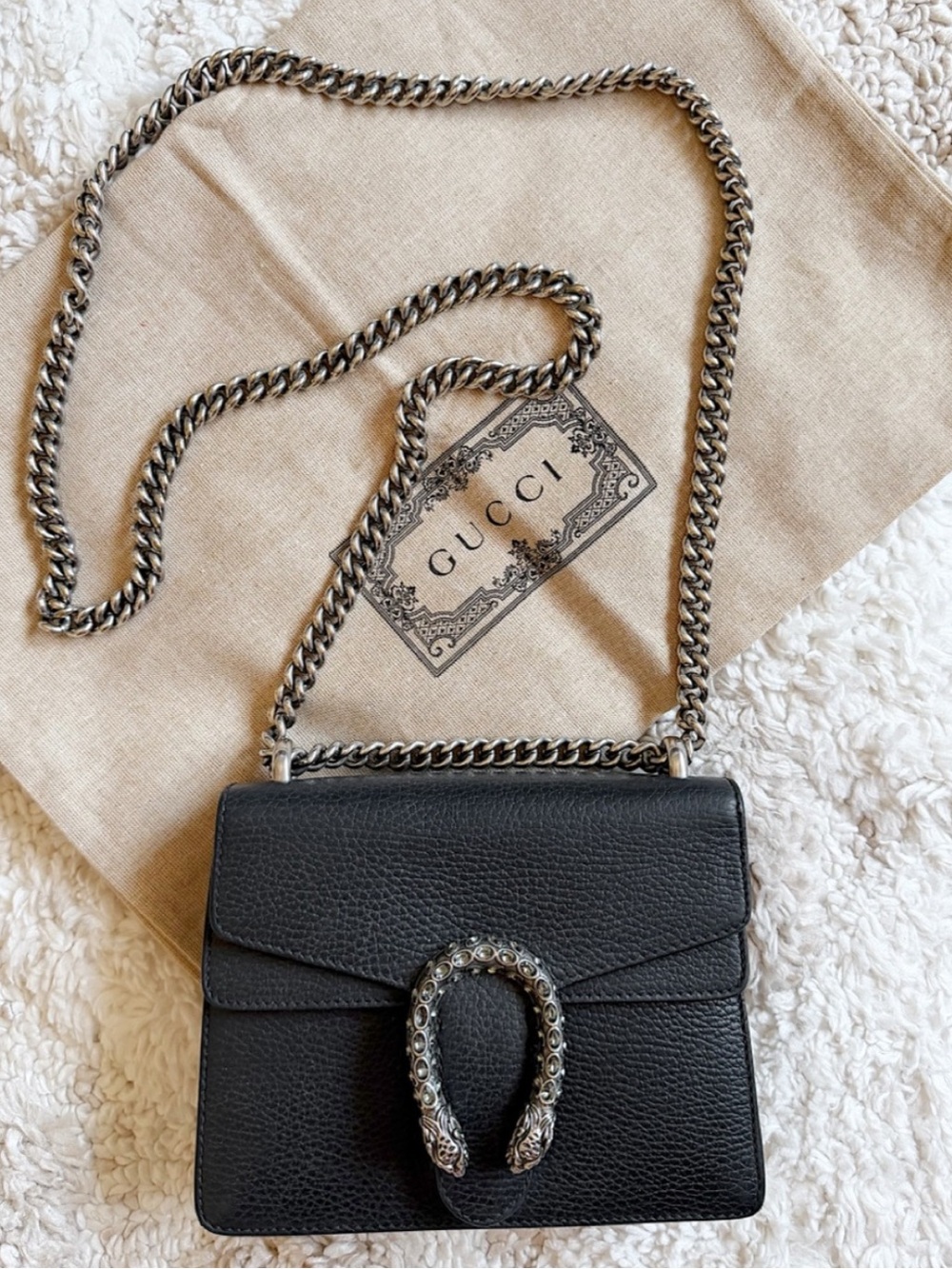 GUCCI Dollar Calfskin Crystal Mini Dionysus Black chain crossbody shoulder bag